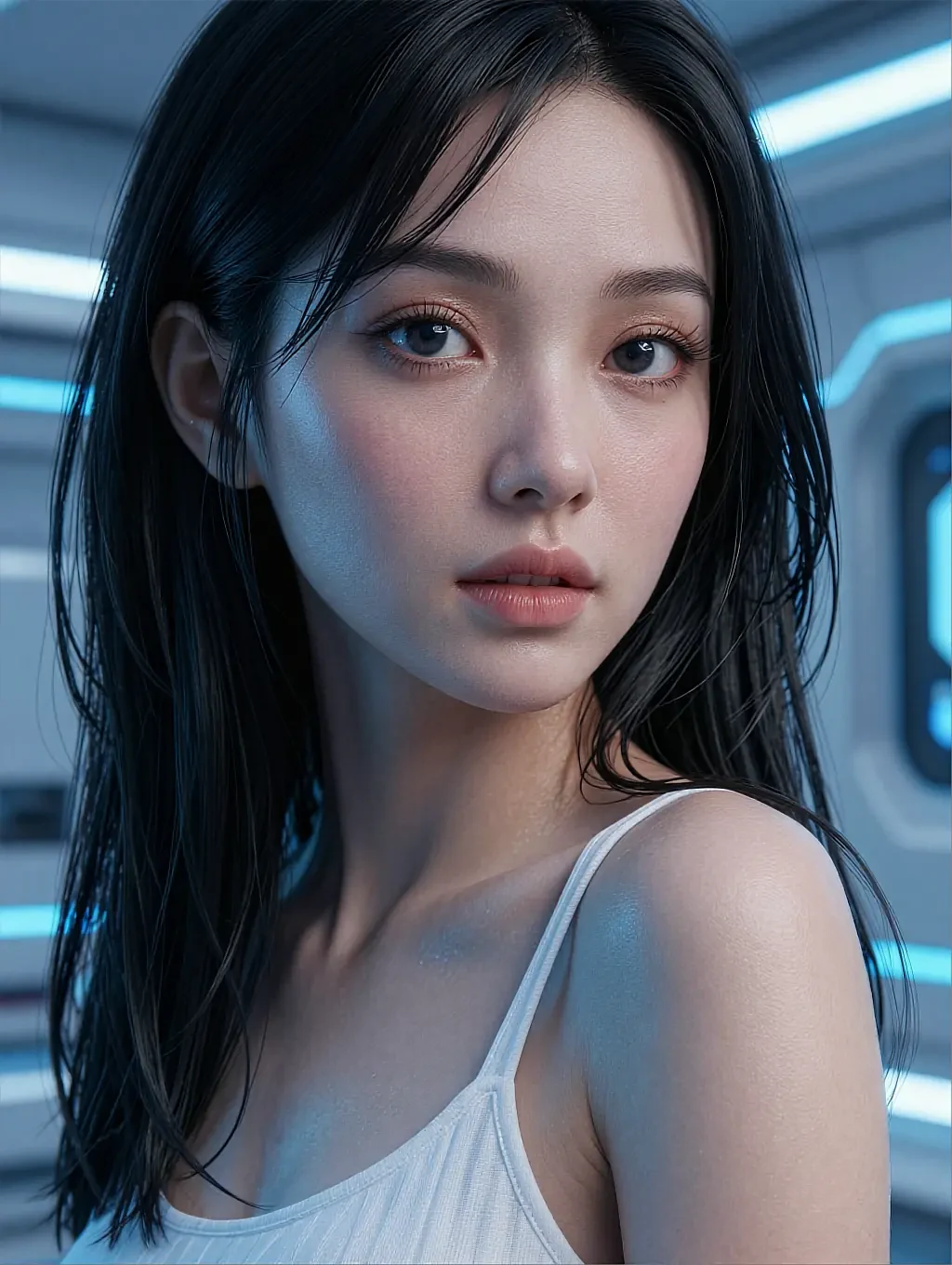 Fictional AI character with long dark hair in a white top under cool corridor light