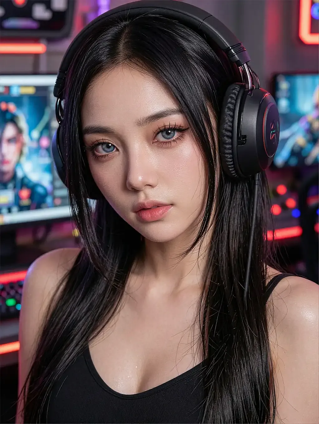 Fictional AI character wearing headphones in a neon-lit gaming room