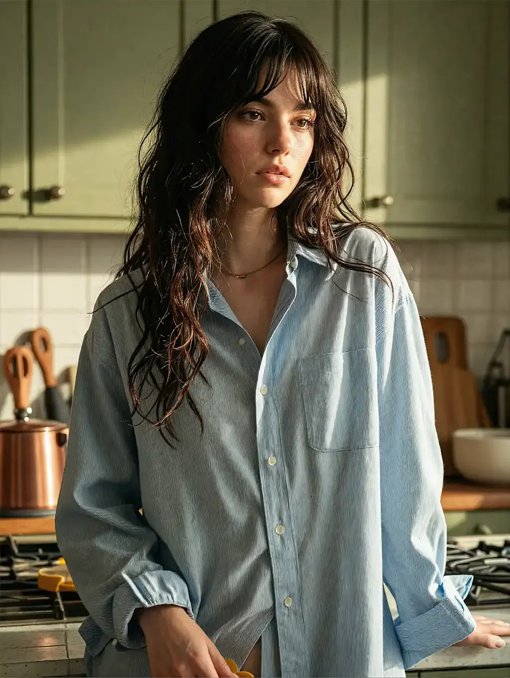 Still frame of a fictional AI character in an oversized white shirt in a sunlit kitchen, facing the viewer