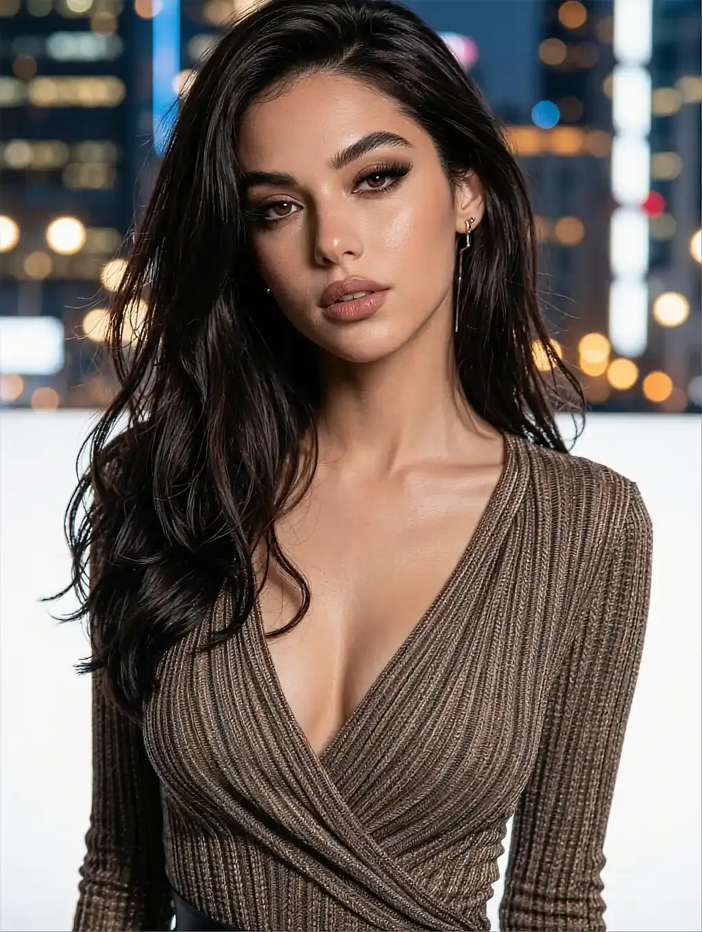 Fictional AI character in a brown wrap top with city lights blurred behind her at night