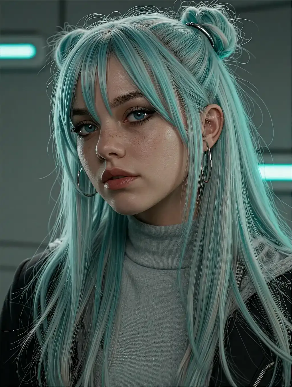 Fictional AI character with mint-green hair in space buns and a white turtleneck on a city street