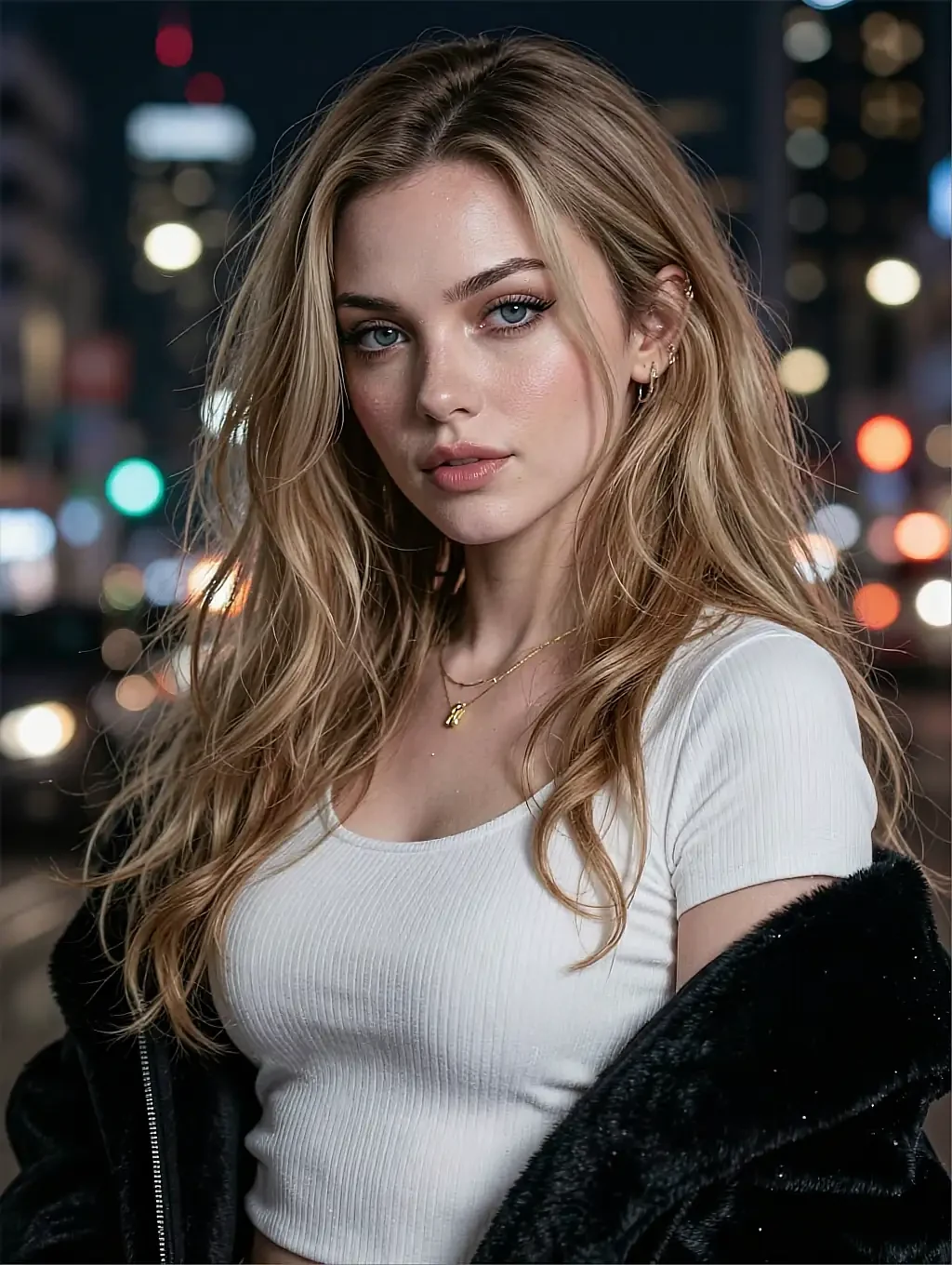 Fictional AI character in a white tee and dark fur coat on a night street