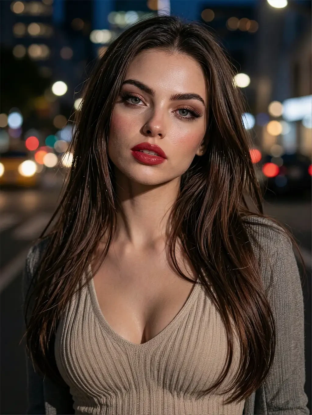 Fictional AI character with red lips in a brown knit top on a night street