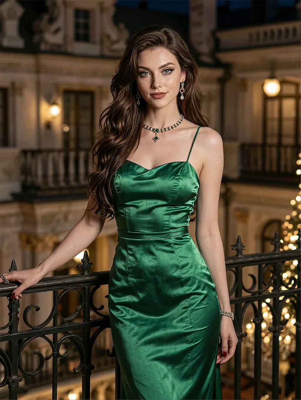 Fictional AI character in an emerald satin dress on a palace balcony above city lights