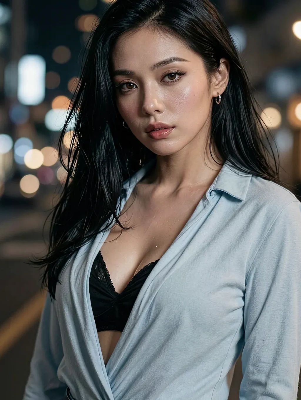 Still frame of a fictional AI character in an open white shirt over black lingerie against night-city lights